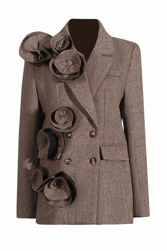 Kaffee Fischgrät gekerbtes Revers Damen Blazer mit 3D Blume