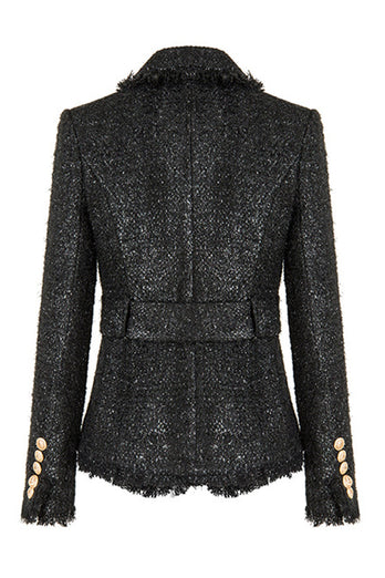 Schwarze Tweed gekerbtes Revers Damen Jacke mit Gürtel