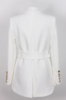 Laden Sie das Bild in den Galerie-Viewer, Schwarzer Schal Revers Zweireihiger langer Damen Blazer mit Gürtel