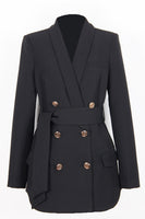 Laden Sie das Bild in den Galerie-Viewer, Schwarzer Schal Revers Zweireihiger langer Damen Blazer mit Gürtel