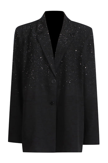 Glitzernder schwarzer Damenblazer mit gekerbtem Revers und Perlen