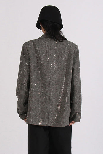 Glitzernder grauer Damenblazer mit gekerbtem Revers und Pailletten