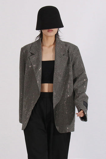 Glitzernder grauer Damenblazer mit gekerbtem Revers und Pailletten