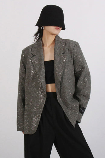 Glitzernder grauer Damenblazer mit gekerbtem Revers und Pailletten