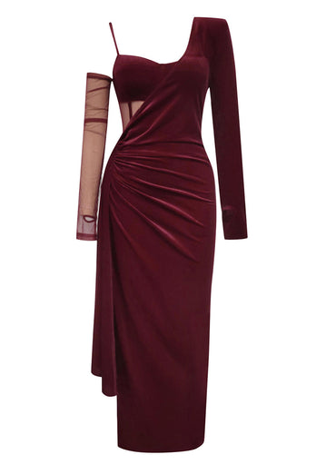 Burgundy Samt korsett Ballkleid mit Schlitz und Ärmeln