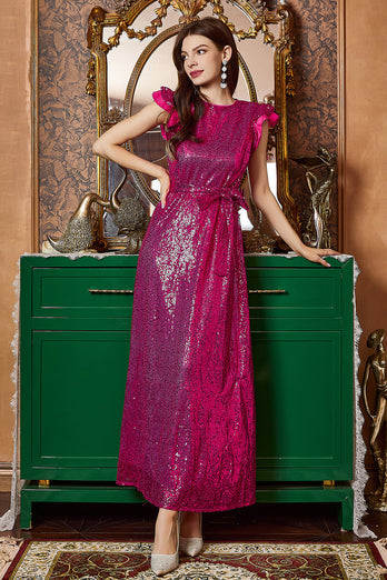 Fuchsia langes Ballkleid mit Rüschenärmeln