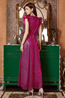 Fuchsia langes Ballkleid mit Rüschenärmeln