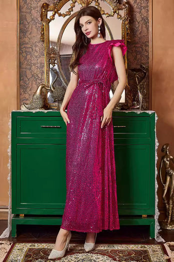 Fuchsia langes Ballkleid mit Rüschenärmeln