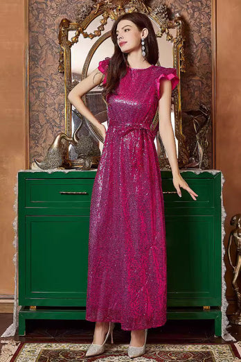 Fuchsia langes Ballkleid mit Rüschenärmeln