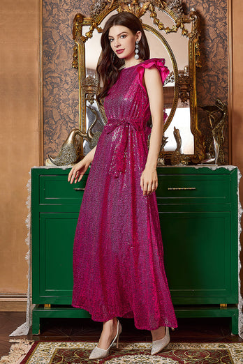 Fuchsia langes Ballkleid mit Rüschenärmeln