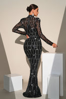 Laden Sie das Bild in den Galerie-Viewer, Funkelndes schwarzes Pailletten Meerjungfrauen Ballkleid mit langen Ärmeln