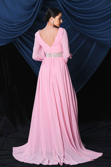 Rosa Chiffon Langärmeliges Ballkleid mit Schlitz