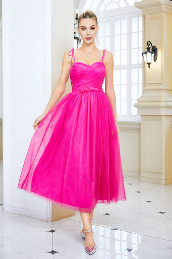 Fuchsia A-Linie Spaghettiträger Ballkleid mit Schleife