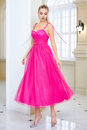 Fuchsia A-Linie Spaghettiträger Ballkleid mit Schleife