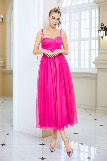 Fuchsia A-Linie Spaghettiträger Ballkleid mit Schleife