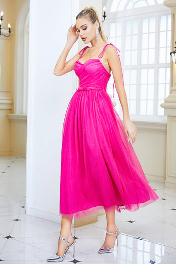 Fuchsia A-Linie Spaghettiträger Ballkleid mit Schleife