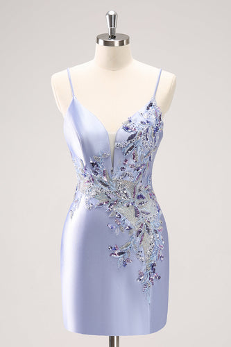 Glitzerndes blaues Pailletten Blumen Enges Kurzes Abiballkleid mit Perlenstickerei