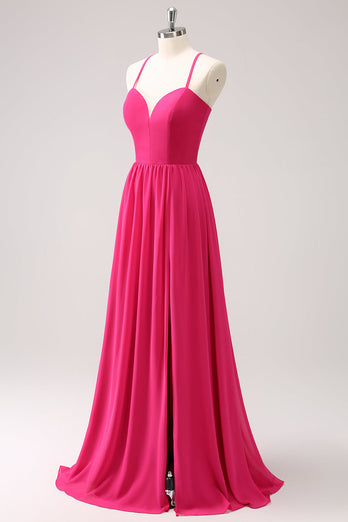 Fuchsia Spaghettiträger Chiffon Langes Brautjungfernkleid mit Schlitz