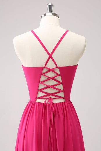 Fuchsia Spaghettiträger Chiffon Langes Brautjungfernkleid mit Schlitz