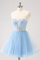 Laden Sie das Bild in den Galerie-Viewer, Himmelblaues A Linie Herzausschnitt Korsett Tüll Abiballkleid mit Pailletten
