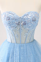 Laden Sie das Bild in den Galerie-Viewer, Himmelblaues A Linie Herzausschnitt Korsett Tüll Abiballkleid mit Pailletten