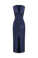 Laden Sie das Bild in den Galerie-Viewer, Marineblaues Midi V-Ausschnitt Cocktailkleid mit Pailletten und Schlitz