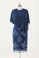 Laden Sie das Bild in den Galerie-Viewer, Marineblaues Chiffon Rundhals Midi Chor Kleid mit Wickel
