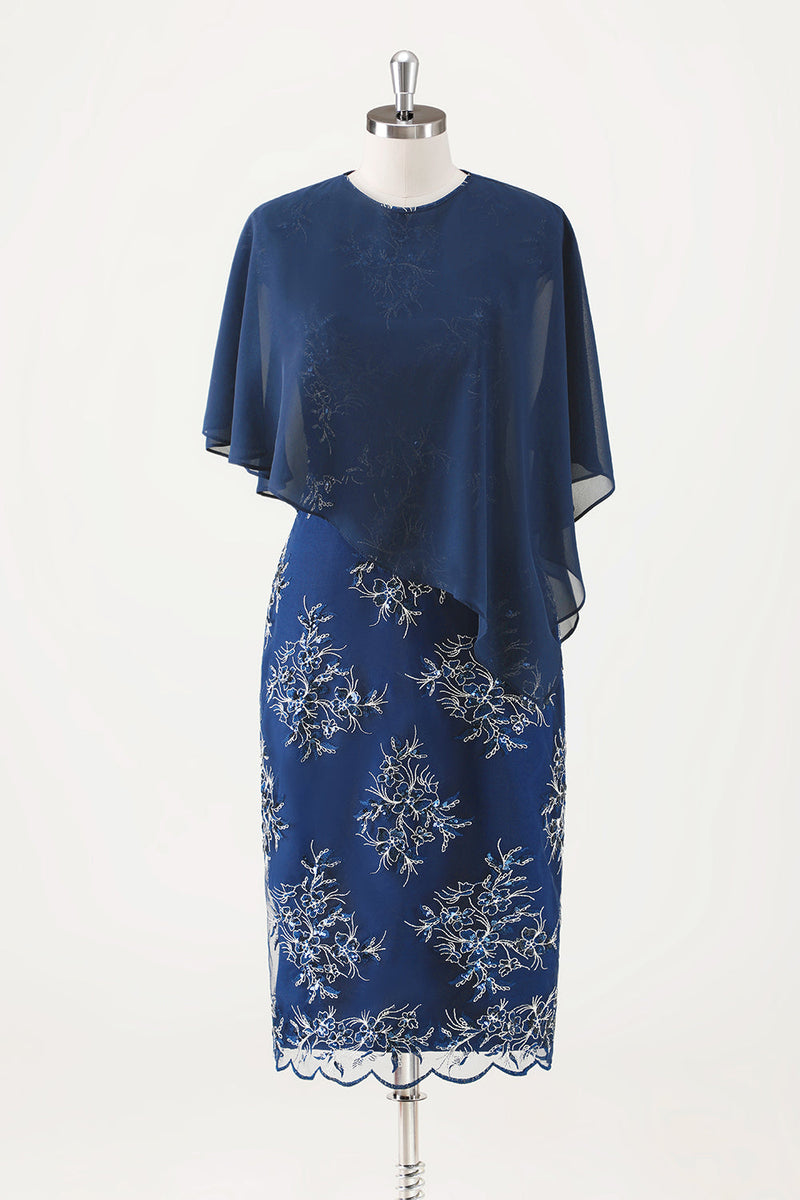 Laden Sie das Bild in den Galerie-Viewer, Marineblaues Chiffon Rundhals Midi Chor Kleid mit Wickel