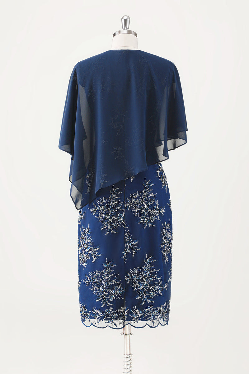 Laden Sie das Bild in den Galerie-Viewer, Marineblaues Chiffon Rundhals Midi Chor Kleid mit Wickel