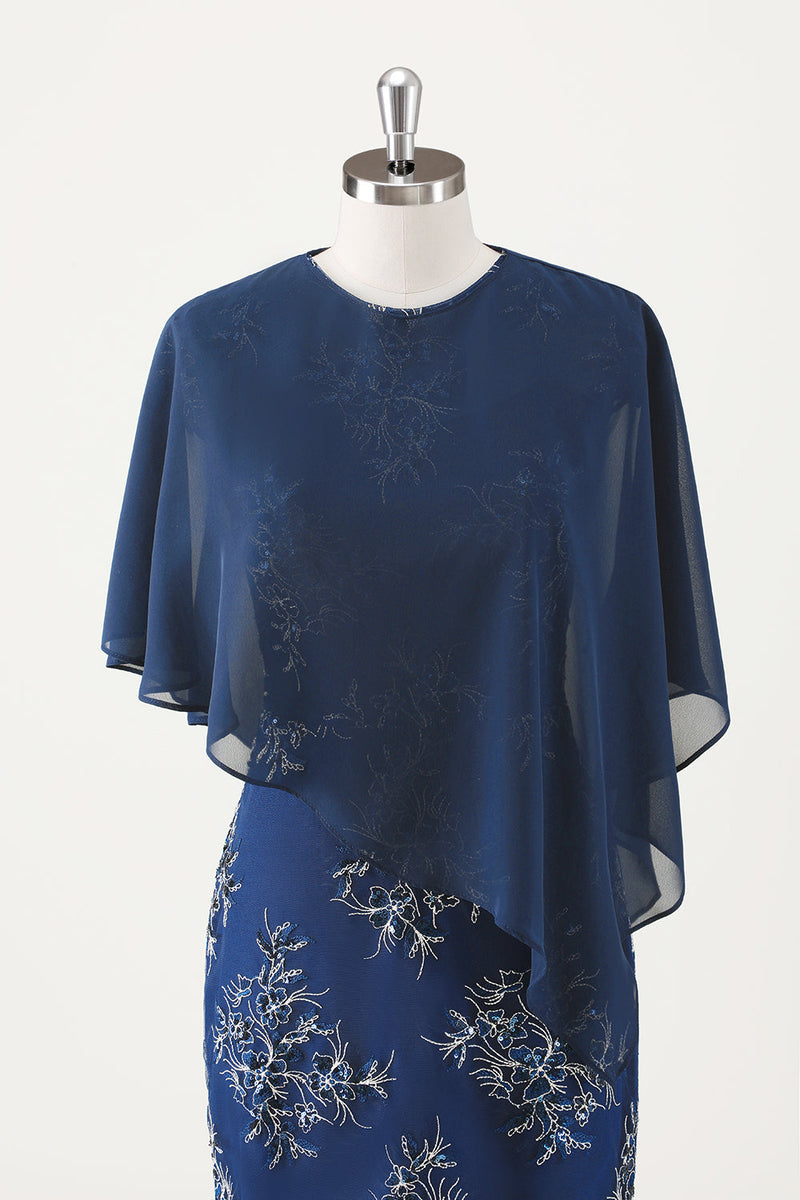 Laden Sie das Bild in den Galerie-Viewer, Marineblaues Chiffon Rundhals Midi Chor Kleid mit Wickel