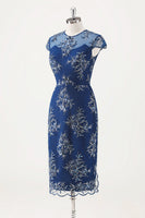 Laden Sie das Bild in den Galerie-Viewer, Marineblaues Chiffon Rundhals Midi Chor Kleid mit Wickel