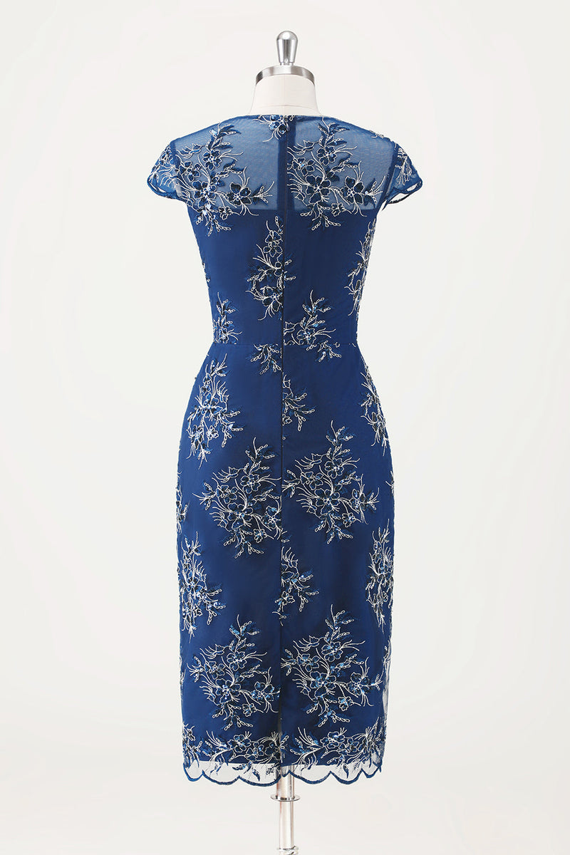 Laden Sie das Bild in den Galerie-Viewer, Marineblaues Chiffon Rundhals Midi Chor Kleid mit Wickel