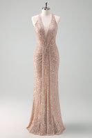 Laden Sie das Bild in den Galerie-Viewer, Zapaka Damen Glitzer Blush Ballkleid Meerjungfrau Neckholder Rückenfreies Langes Abendkleid