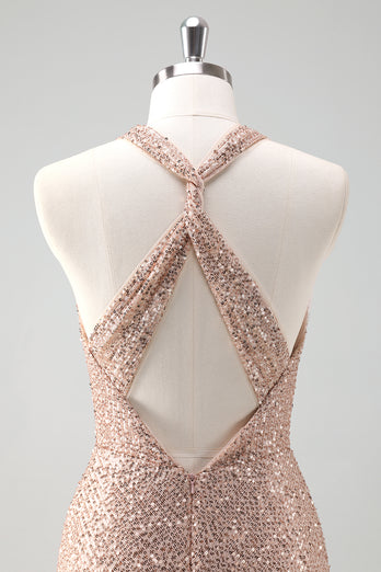 Glitter Blush Meerjungfrau Neckholder Rückenfreies langes Abendkleid