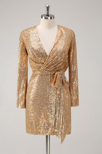 Goldenes Glitzer V-Ausschnitt Partykleid