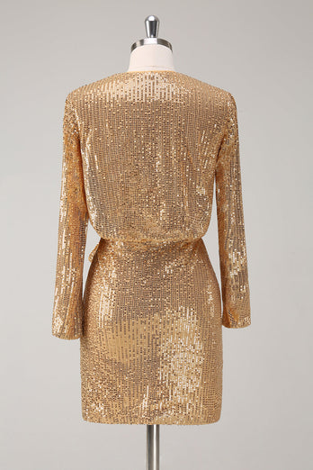 Goldenes Glitzer V-Ausschnitt Partykleid