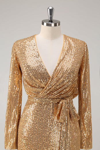 Goldenes Glitzer V-Ausschnitt Partykleid