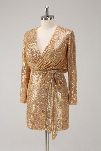 Goldenes Glitzer V-Ausschnitt Partykleid