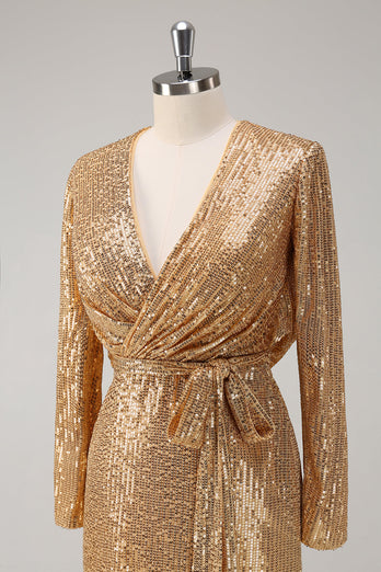 Goldenes Glitzer V-Ausschnitt Partykleid