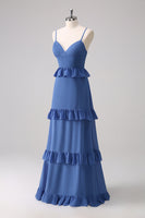 Laden Sie das Bild in den Galerie-Viewer, Dunkelblaues A-Linie Brautjungfernkleid mit Spaghettiträgern