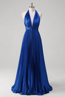 Laden Sie das Bild in den Galerie-Viewer, Königsblaues A-Linie Neckholder Plissee Langes Ballkleid