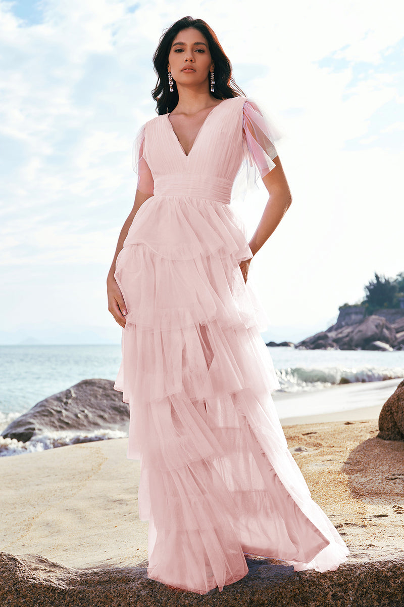 Laden Sie das Bild in den Galerie-Viewer, Grau Blau A-Linie Tüll V-Ausschnitt Langes gestuftes Brautjungfernkleid mit Schlitz