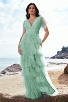 Laden Sie das Bild in den Galerie-Viewer, Grau Blau A-Linie Tüll V-Ausschnitt Langes gestuftes Brautjungfernkleid mit Schlitz