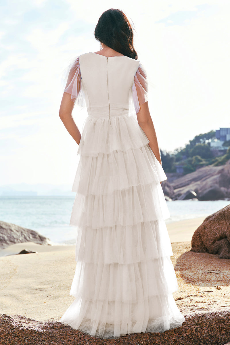 Laden Sie das Bild in den Galerie-Viewer, Grau Blau A-Linie Tüll V-Ausschnitt Langes gestuftes Brautjungfernkleid mit Schlitz