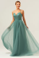 Laden Sie das Bild in den Galerie-Viewer, Eukalyptus Spaghettiträger Tüll A-Linie Langes Brautjungfernkleid