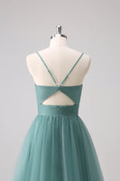 Laden Sie das Bild in den Galerie-Viewer, Eukalyptus Spaghettiträger A-Linie Tüll Brautjungfernkleid