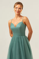 Laden Sie das Bild in den Galerie-Viewer, Eukalyptus Spaghettiträger Tüll A-Linie Langes Brautjungfernkleid