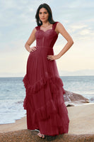 Laden Sie das Bild in den Galerie-Viewer, Blaues Tüll Korsett Brautjungfernkleid mit Rüschen