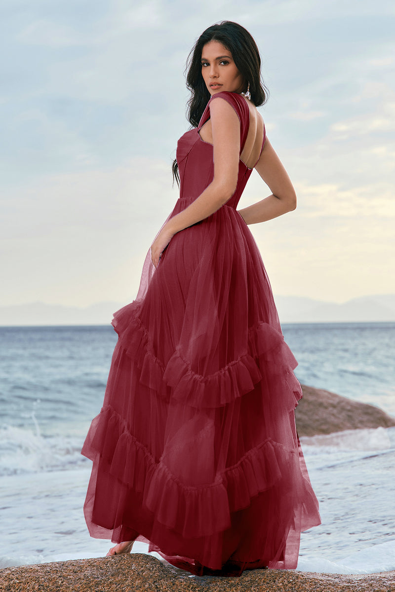 Laden Sie das Bild in den Galerie-Viewer, Blaues Tüll Korsett Brautjungfernkleid mit Rüschen