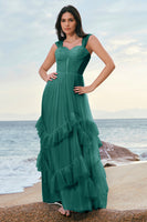 Laden Sie das Bild in den Galerie-Viewer, Blaues Tüll Korsett Brautjungfernkleid mit Rüschen